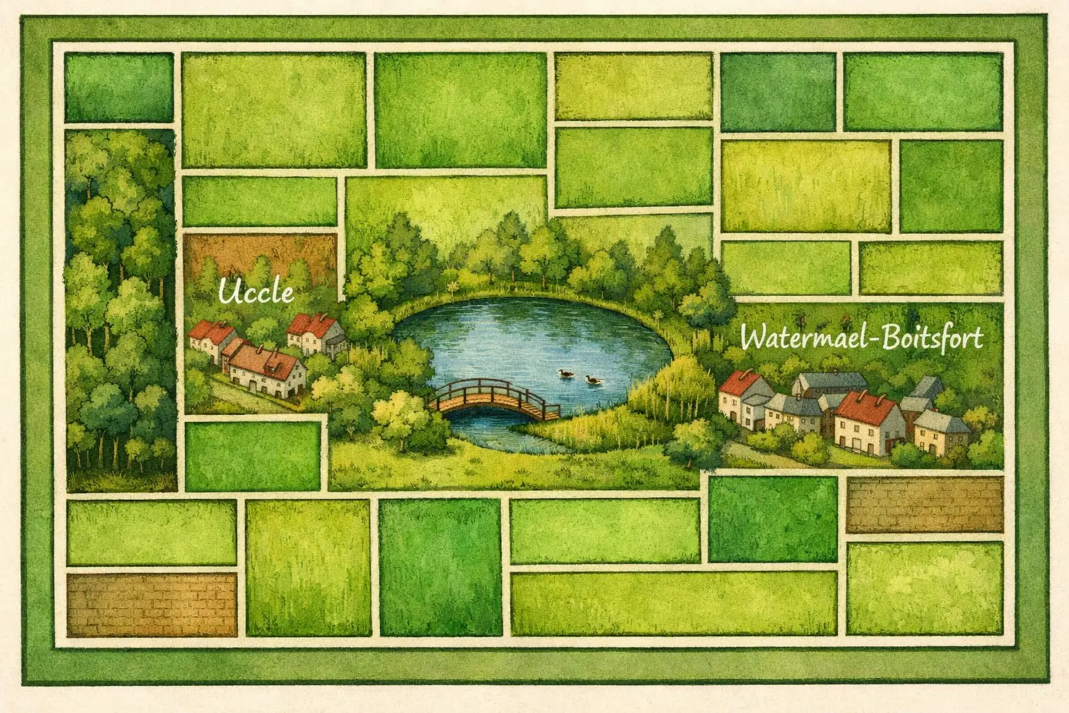 Carte aquarellée de parcelles vertes — mon corps en jachère