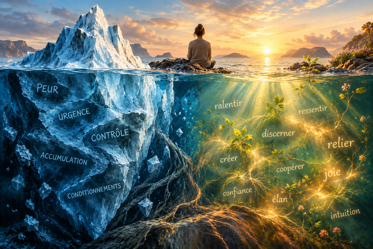 Iceberg peint : mots gravés dans la glace à gauche, mots flottant dans la lumière à droite, une femme assise au centre face au soleil couchant