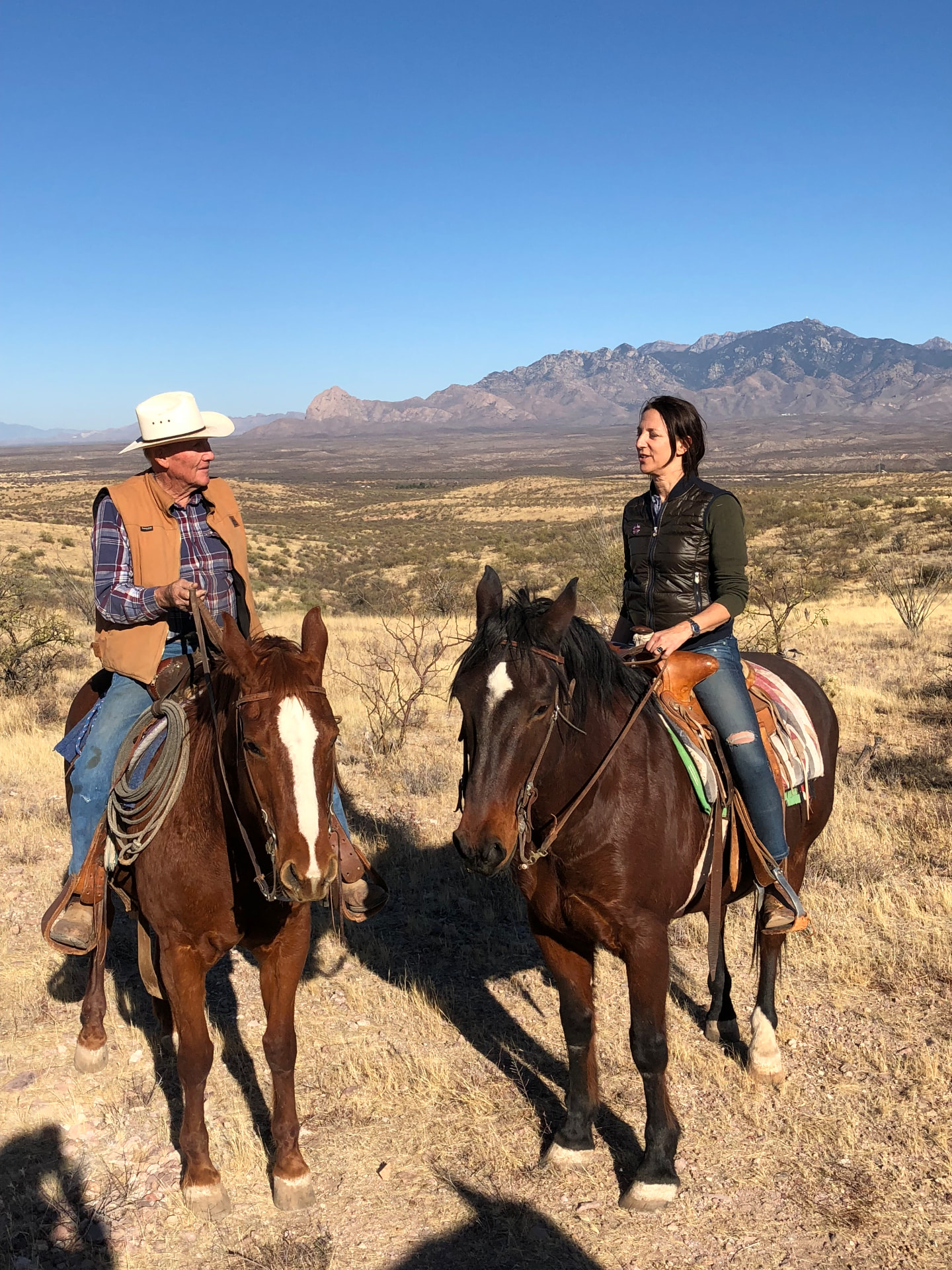 The author on horseback in conversation with a cowboy in a desert landscape, mountains in the background — Nogales, Arizona