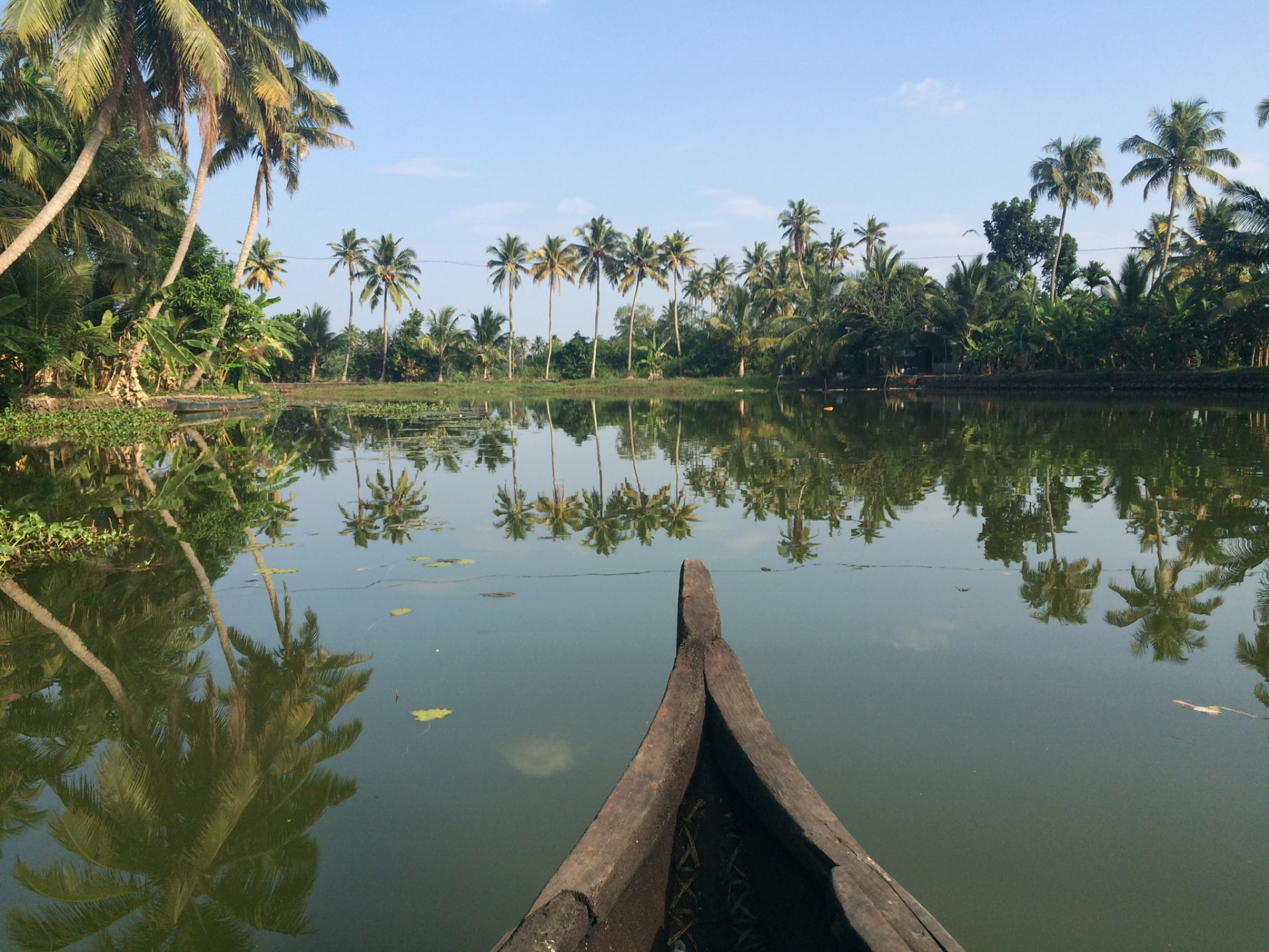 Una barca sul Kavan River nel Kerala, palme riflesse nell'acqua calma